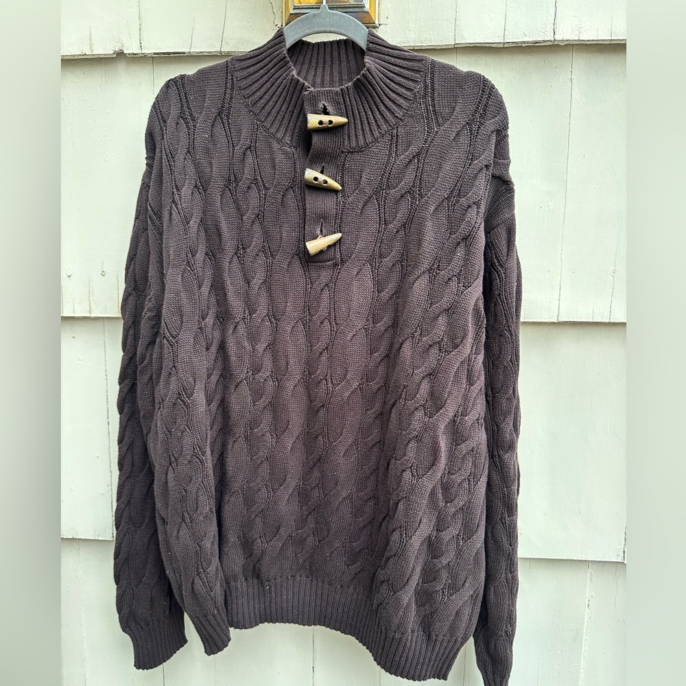 Orvis cable knit wood tooth button chocolate brown cotton men’s XL sweater